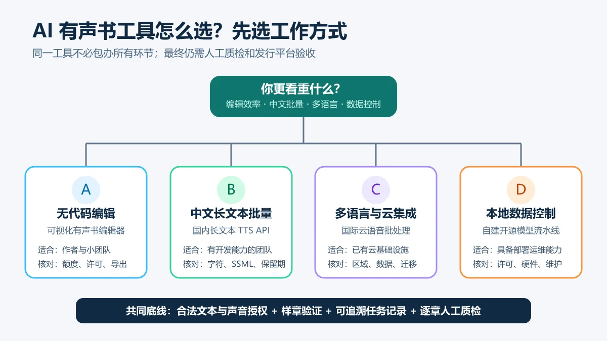 按是否需要无代码编辑、中文长文本API、多语言云服务或本地数据控制选择AI有声书制作路线