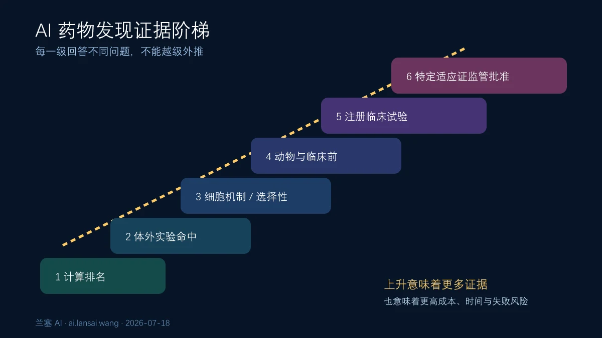 AI药物发现从计算排名、体外命中、细胞与动物验证、临床候选、注册试验到监管批准的证据阶梯