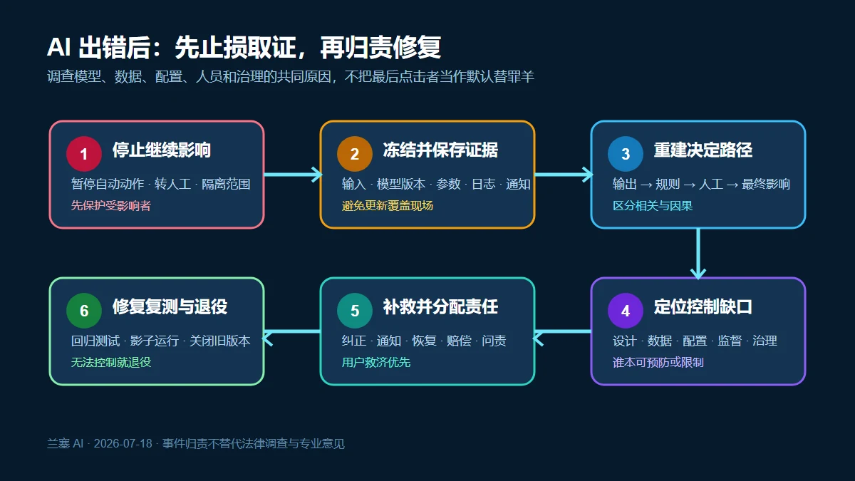 AI 决策事故从停止影响、保存证据、重建决定、定位控制缺口到补救问责和复测的六步归责流程