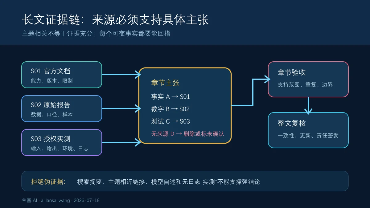 AI长文章节通过事实ID连接官方来源，并经过章节验收和整文复核后才能发布