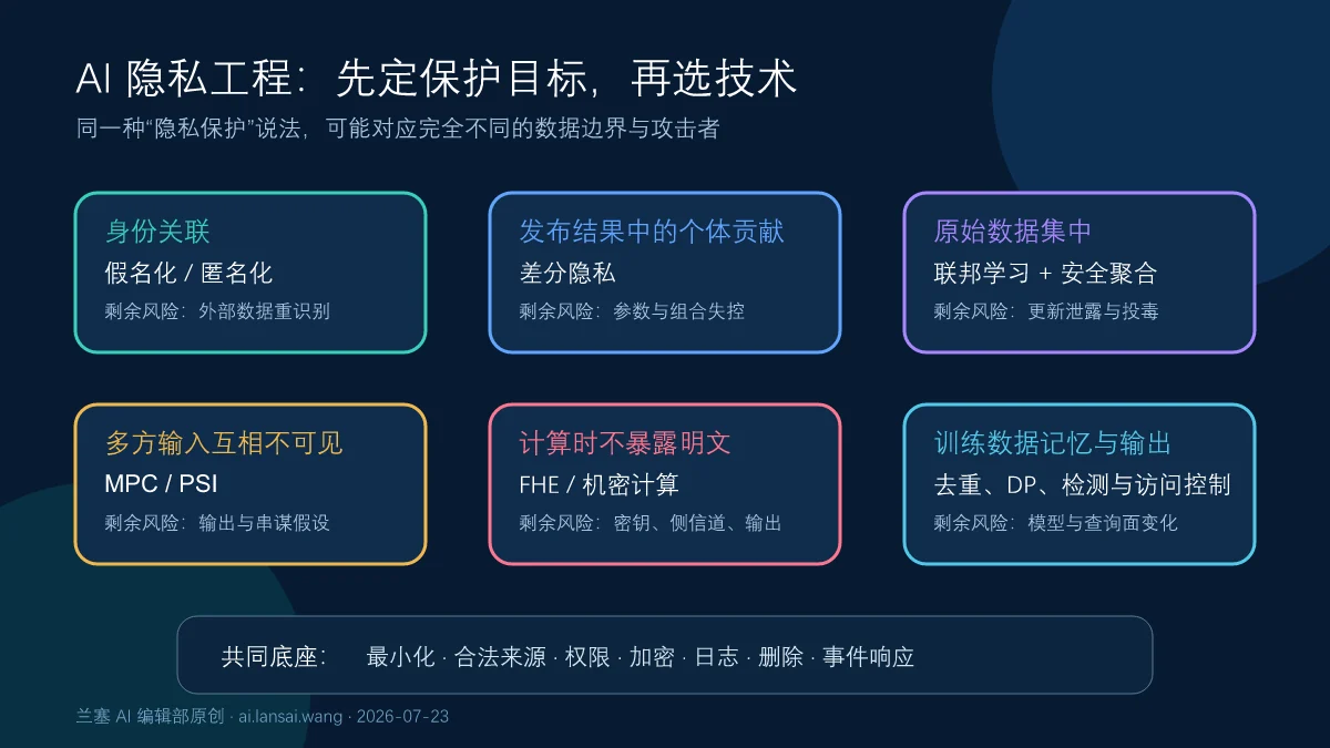 AI隐私工程中匿名化差分隐私联邦学习MPC全同态加密和机密计算的保护目标与残余风险图