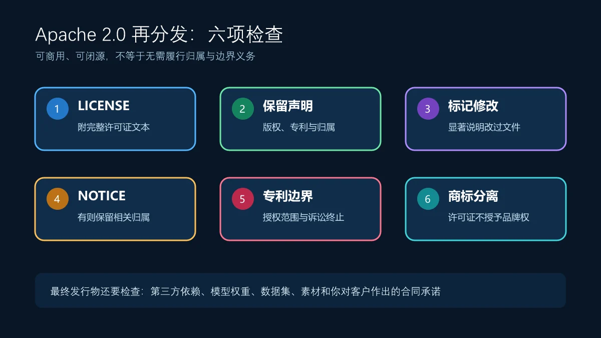 Apache 2.0再分发检查清单，包括LICENSE、版权、修改说明、NOTICE、专利和商标