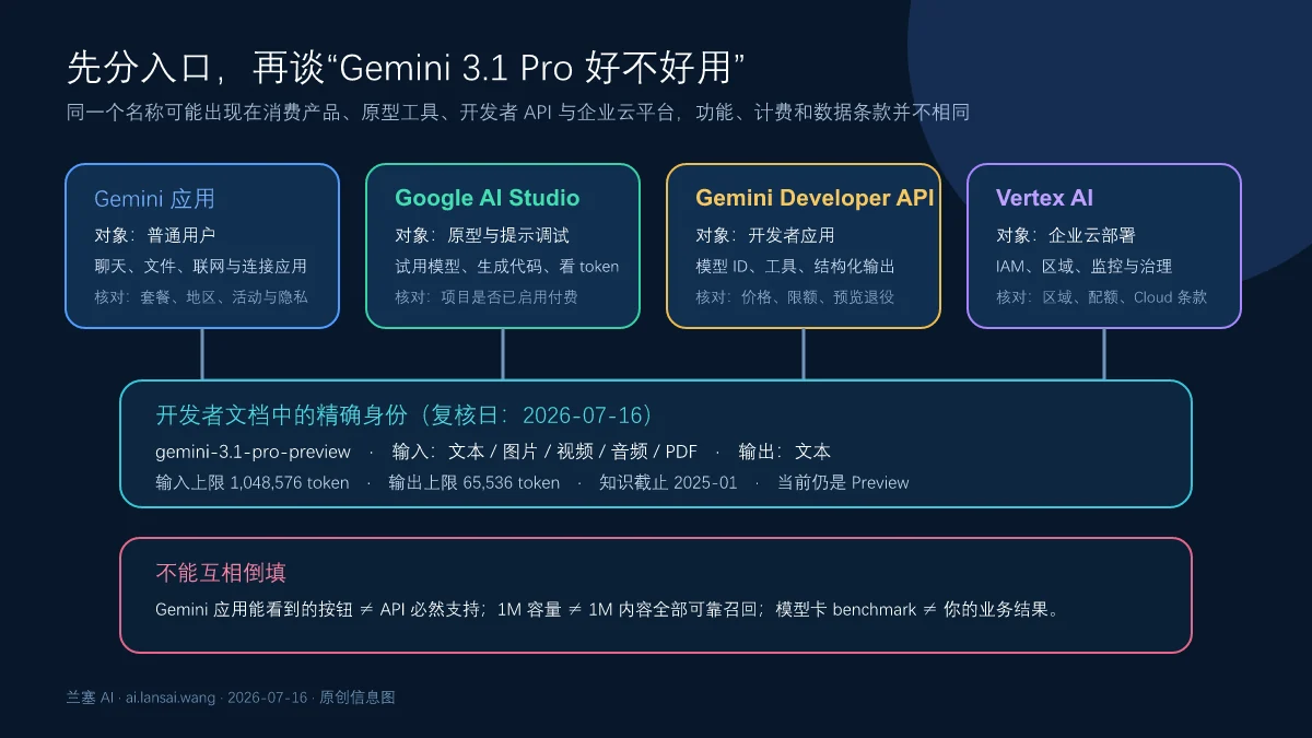 Gemini 应用、Google AI Studio、Gemini Developer API 和 Vertex AI 四种入口及 Gemini 3.1 Pro 模型身份边界