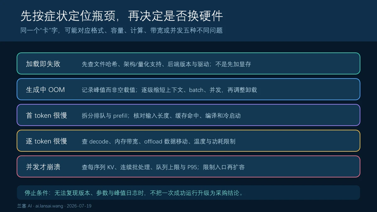 本地大模型加载失败、生成中OOM、首token慢、逐token慢和并发崩溃的诊断矩阵