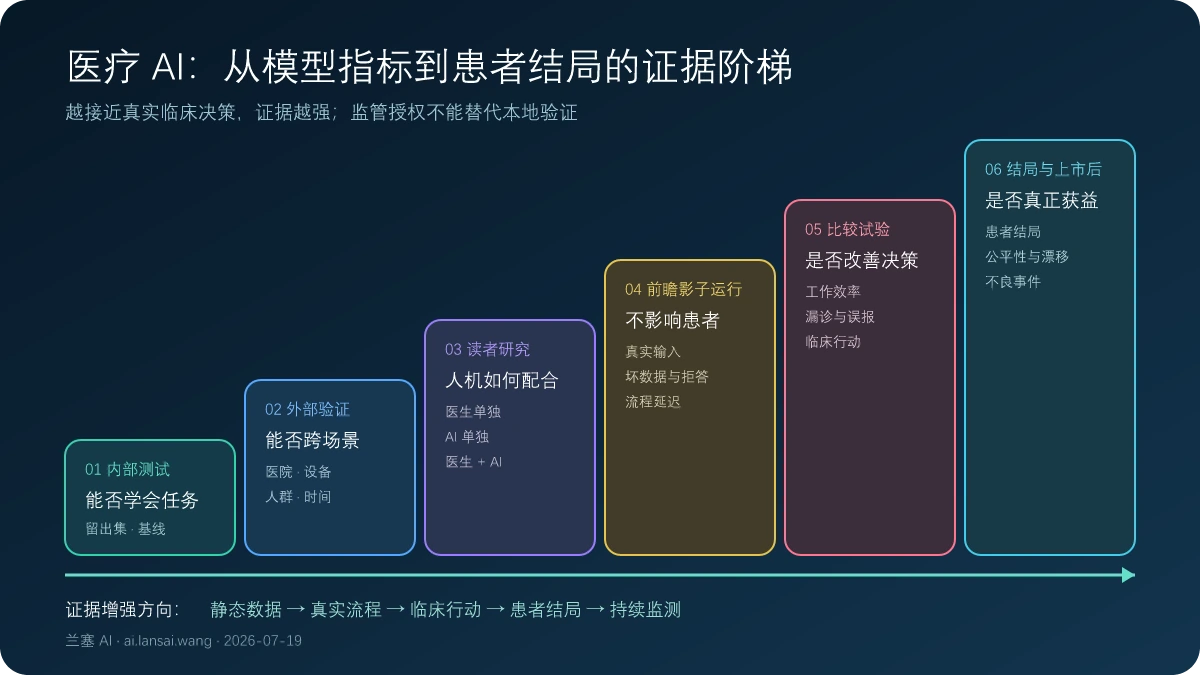 医疗AI从内部测试、外部验证、前瞻性影子运行、临床比较试验到患者结局和上市后监测的证据阶梯