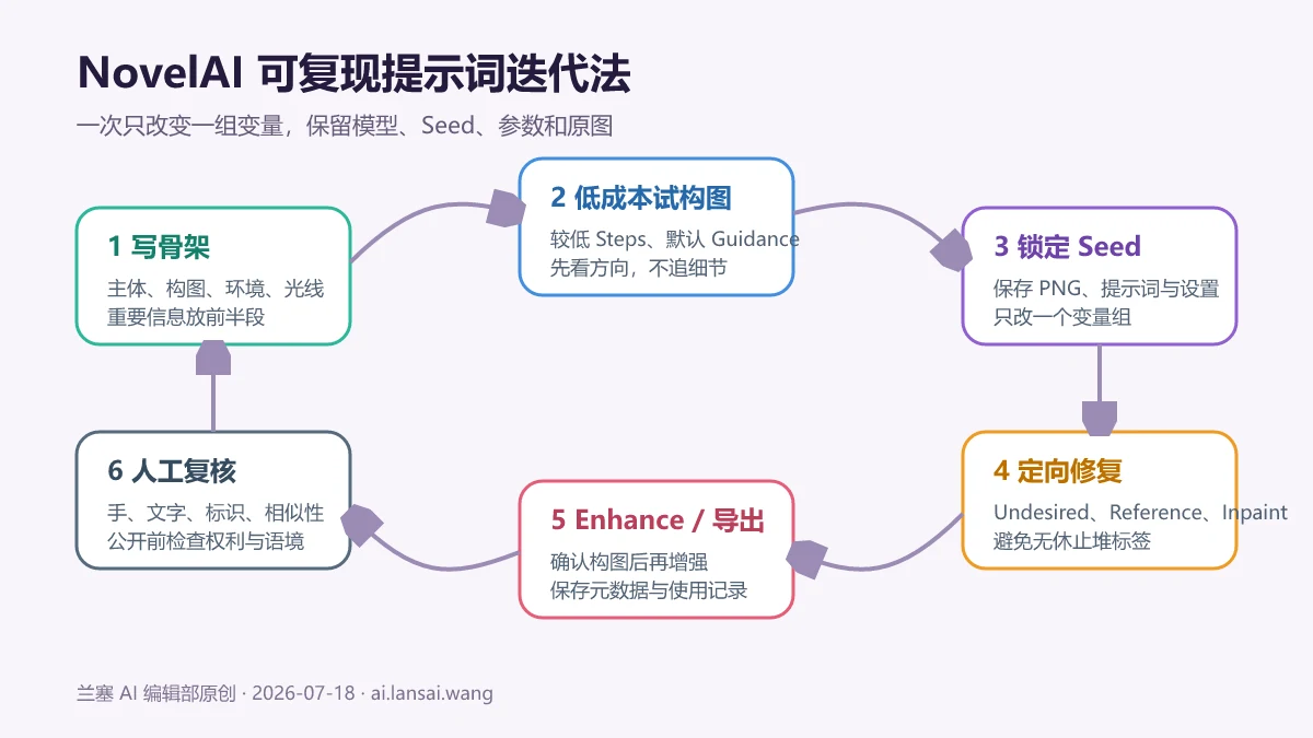 NovelAI 从提示词骨架、低成本试构图、锁定 Seed、定向修复、Enhance 到人工复核的可复现迭代流程