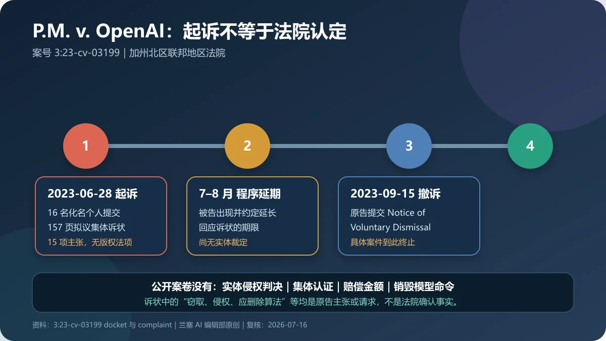 P.M. v. OpenAI 从 2023 年 6 月提起诉讼、答辩延期到 9 月原告自愿撤诉且没有实体裁定的时间线