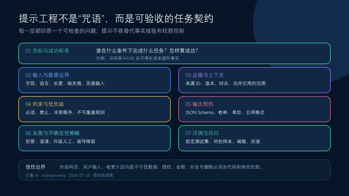 提示工程任务契约的目标、输入、证据、约束、输出、失败策略和评测七层结构