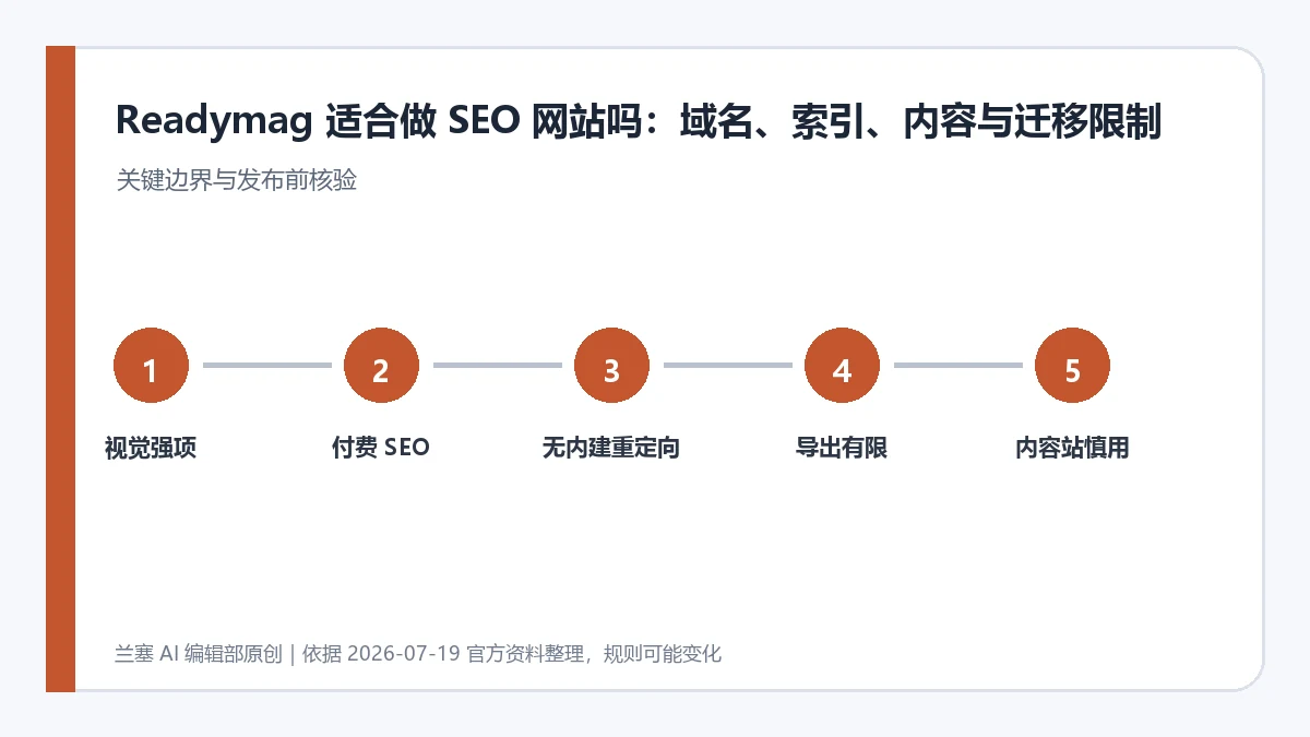 Readymag 在视觉表达、SEO 设置、内容扩展、重定向和迁移控制方面的适用边界