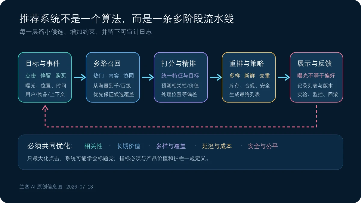 从目标事件与特征经过多路召回统一打分精排重排策略到展示反馈和持续评测的推荐系统流程图