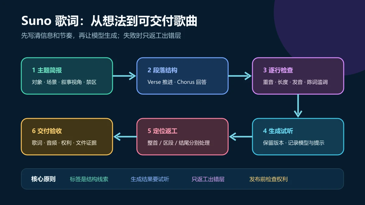 Suno歌词从主题简报、段落结构和逐行检查到生成、局部返工与权利验收的六步流程图