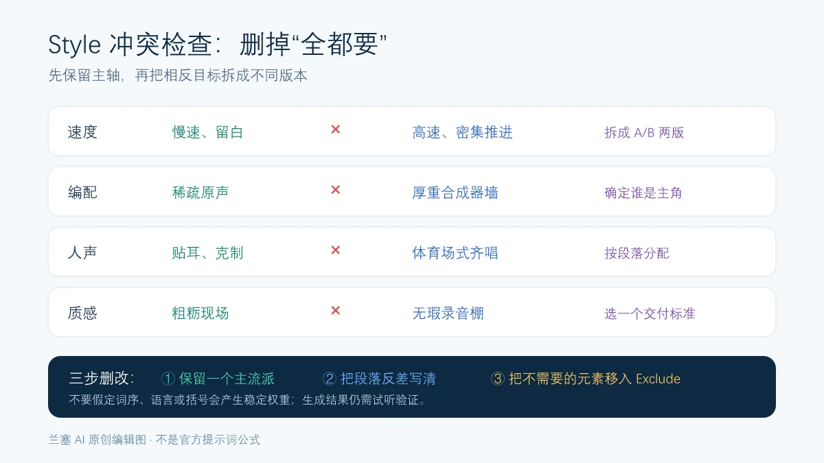Suno风格提示词中慢速与高速、稀疏与厚重、贴耳与体育场式人声、粗粝现场与无瑕录音棚等常见冲突及删改方法
