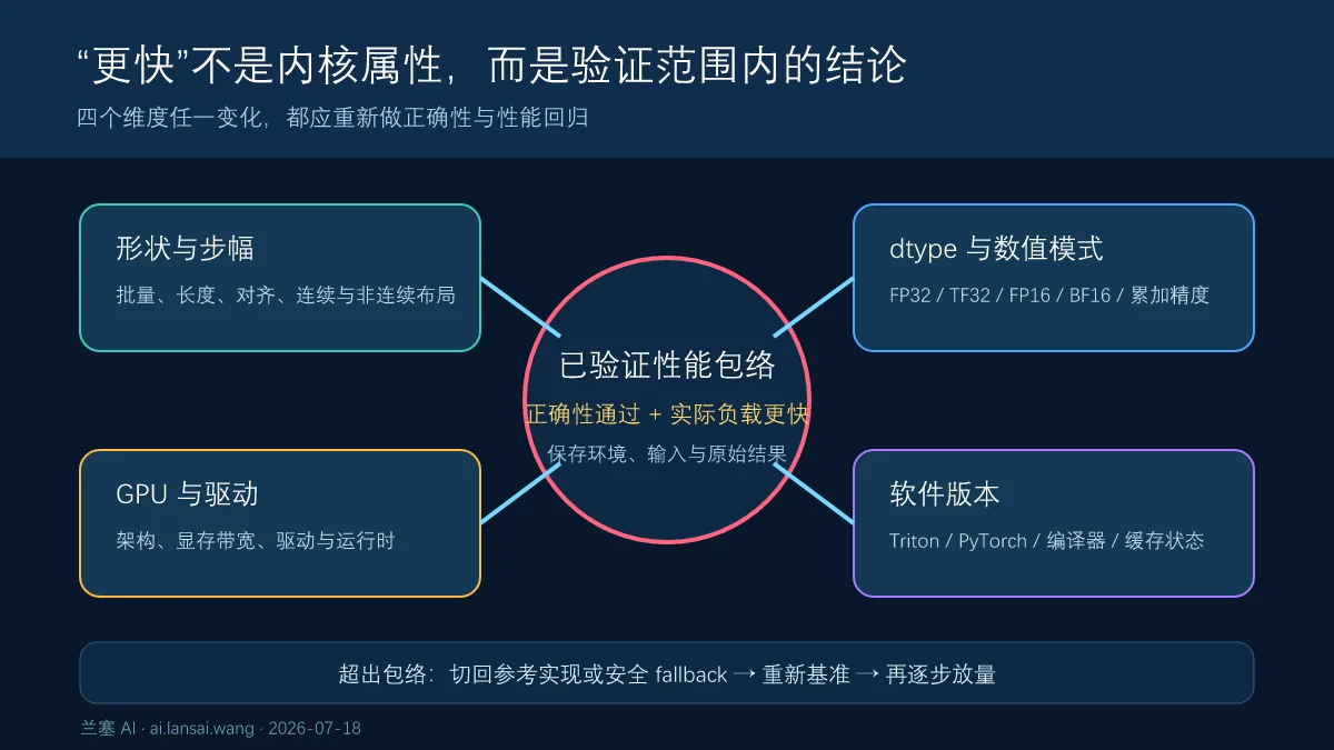 Triton内核性能结论取决于形状与步幅、数据类型与数值模式、GPU与驱动、Triton与PyTorch版本的共同范围