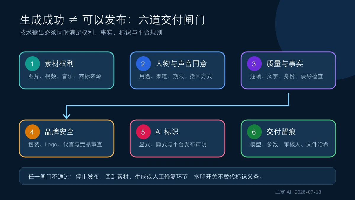 万相生成视频发布前依次检查素材权利、人物同意、质量事实、品牌安全、AI标识和平台规则的六道闸门